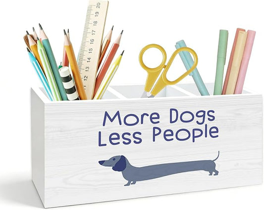 Funny Dachshund Pen Holder for Desk, Weiner Dog Gifts for Women Men, More Dogs Less People Wooden Box Pencil Pen Holder Organizer for Home Office Desk Accessories