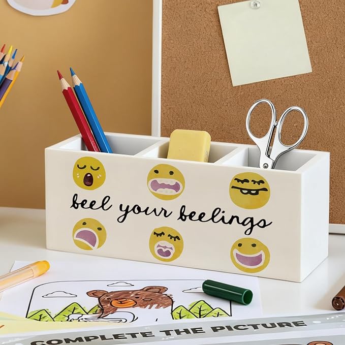 Mental Health Pen Pencil Holder, Emotions Feelings Classroom Wood Desk Organizer and Accessories, Keep You Feelings Pen Holder Desk Organizer for Therapy Counselor Office Classroom Tabletop