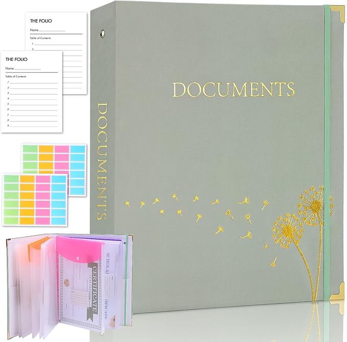 XKDOUS Important Document Organizer with 9 Pockets, Aesthetic Folio Folders 3-Ring Accordion Storage Binders Linen Expanding File Folder for Letter Size Papers, Documents, Files