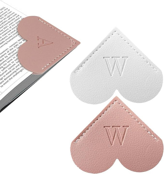 2Pcs Personalized Leather Heart Bookmark with Initial, 26 Letters Custom Corner Page Book Mark for Reading Women, Book Lovers, Teachers, Students, Cute Book Accessories Gifts(White+Pink, W)