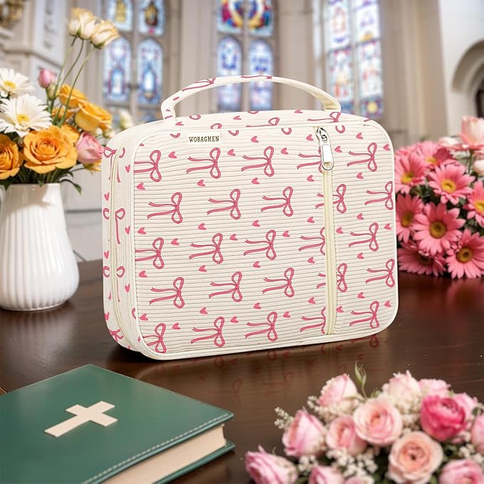 WOBAGMEN Bible Cover Case for Women,Cordoury Bible Cover with Handle,Pink Bow Bible Book Cover,Carrying Case Bible Protective Christian Gift(Pink Bow, L)