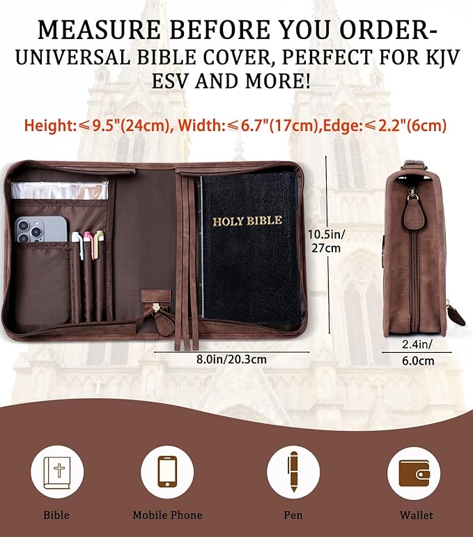 Vegan Leather Bible Bag with Zipper and Handle, Bible Cover Case Organizer for Standard Size Bibles and Accessories, Christian Gift for Men and Women (Brown)