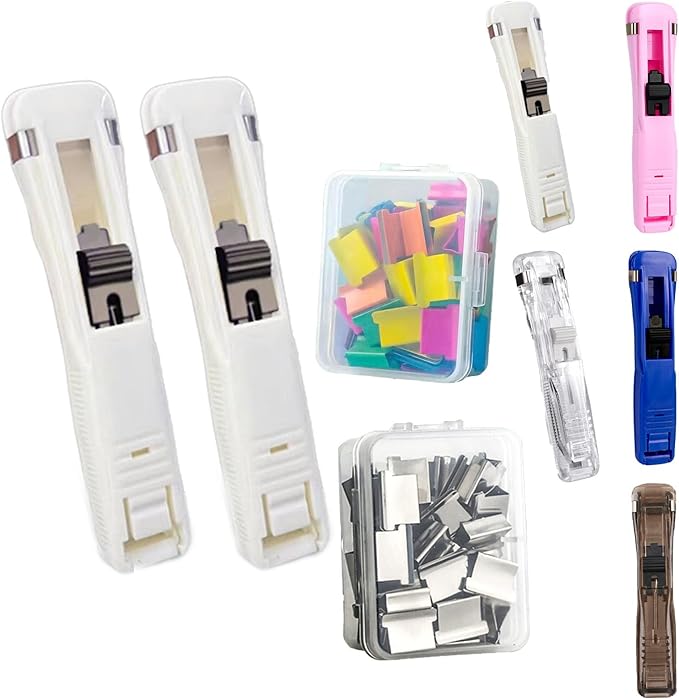 Portable Binder Clip Stapler with 100 Refill Clips,Handheld Paper Clamp Dispenser for Desktop/Document, No-Hole Binding, Home/School/Office Use (White,B)