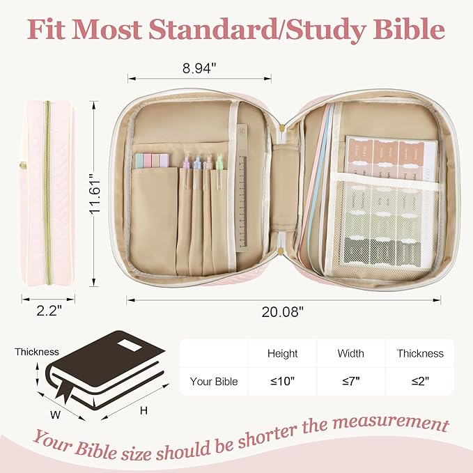 Ndsox Bible Cover Case with Handle for Women, Quilted Fabric & Vegan Leather Carrying Book Case Church Bag Bible Study Supplies Accessories Christian Gifts for Mother Lady Women Men, White & Pink