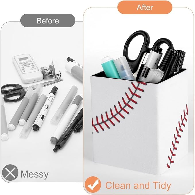 Baseball Ball Square Leather Pen Holder, Minimalist Desk Organizer for Office Home School, Pencil & Stationery Storage Box, Gift for Students Teachers Colleagues
