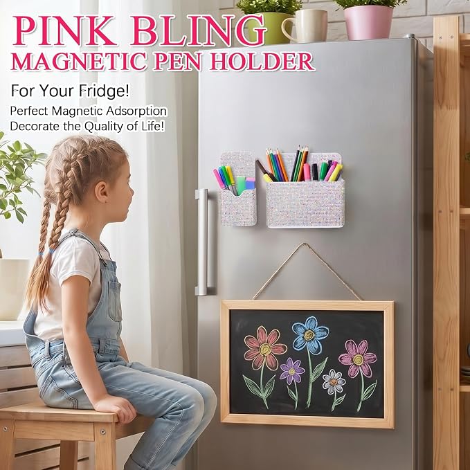 MotiMind 2 Pcs White Bling Magnetic Marker Holder Women Girl Locker Accessories Marker Pen Pencil Holder for Refrigerator Whiteboard Sparkly Gift Desk Organizer for School Office (Rhinestone)