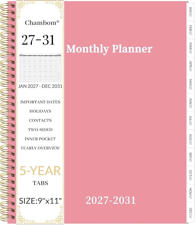 2027-2031 Monthly Planner 5 Year Monthly Planner/Calendar 2027-2031, Jan 2027 – Dec 2031, 9" x 11", Tabs, Double-Side Pocket, Holidays, Thick Paper - Pink