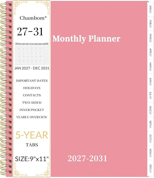 2027-2031 Monthly Planner 5 Year Monthly Planner/Calendar 2027-2031, Jan 2027 – Dec 2031, 9" x 11", Tabs, Double-Side Pocket, Holidays, Thick Paper - Pink