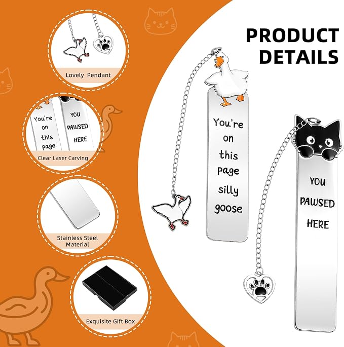 2Pcs Cat Silly Goose Bookmark Funny Gifts for Men Women Book Lover Cute Metal Book Mark Stainless Steel Bookmark Reading Lover Gifts Accessories Unique Friend Coworker Teacher Gift Birthday Gift