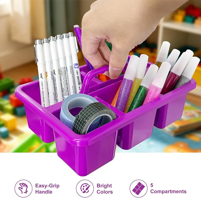 6PC Classroom Caddy, 7.87 x5.9x 3.35 Inches,5 Compartment Small Caddy with Handle, Craft Art Caddies for Pencil, Crayon, Marker, Home, Office, School Supplies