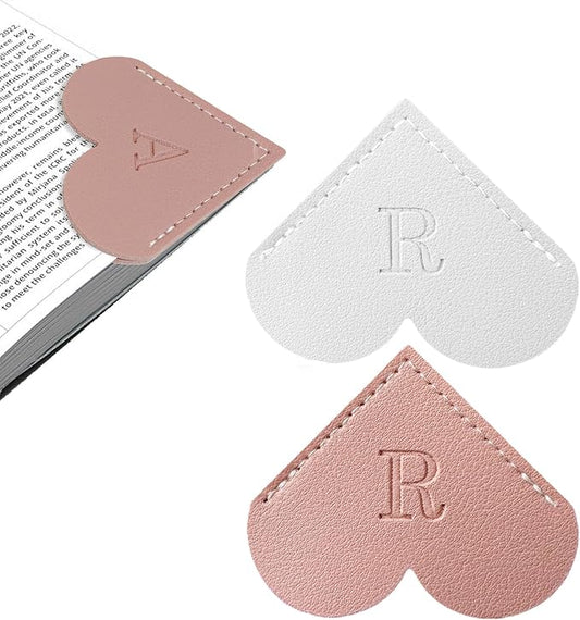 2Pcs Personalized Leather Heart Bookmark with Initial, 26 Letters Custom Corner Page Book Mark for Reading Women, Book Lovers, Teachers, Students, Cute Book Accessories Gifts(White+Pink, R)