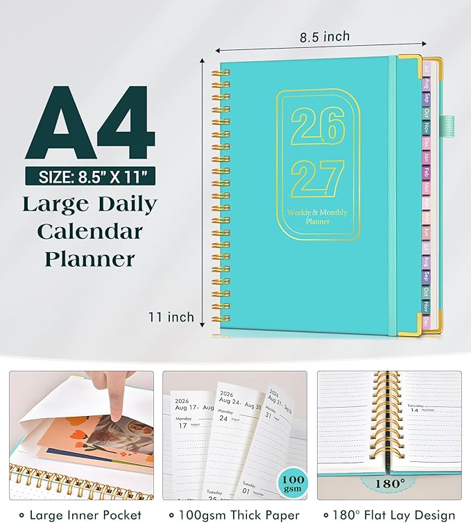 Academic Planner 2026-2027, 18 Months Weekly and Monthly Hardcover Planner, July 2026 - December 2027, 8.5" x 11" A4 Large Daily Calendar Planner Book with Tabs, Spiral College School Agenda Organizer for Student Teacher, Pacific Green