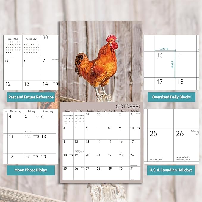 2026 Wall Calendar,Calendar 2026,Rooster Monthly Wall Calendar, 12" x 24" Open,Family Planner Calendar, Home & Office Organizer,Hangable