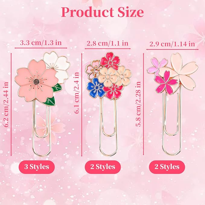 7 Pcs Cherry Blossom Cute Paper Clips, Pretty Book Decorative Paper Clips, Exquisite Rose Gold Metal Paper Clip with Unique Cherry Blossom Patterns for Bookmark Clamp Desk Stationery Accessories