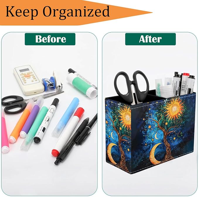 Pen Holder for Desk, PU Leather Multifunctional Desktop Storage Box and Anti-Slip Mouse Pad Set, Makeup Brush Holder Pen Organizer for Office and Home - Sun Moon Stars