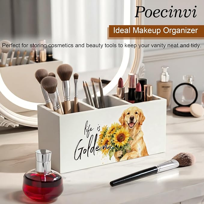 Sunflower Golden Retriever Pen Holder for Home Office Desk, Golden Retriever Gifts for Women, Life Is Golden Humorous Wooden Box Sign Pencil Holder for Desk Shelf Organizer