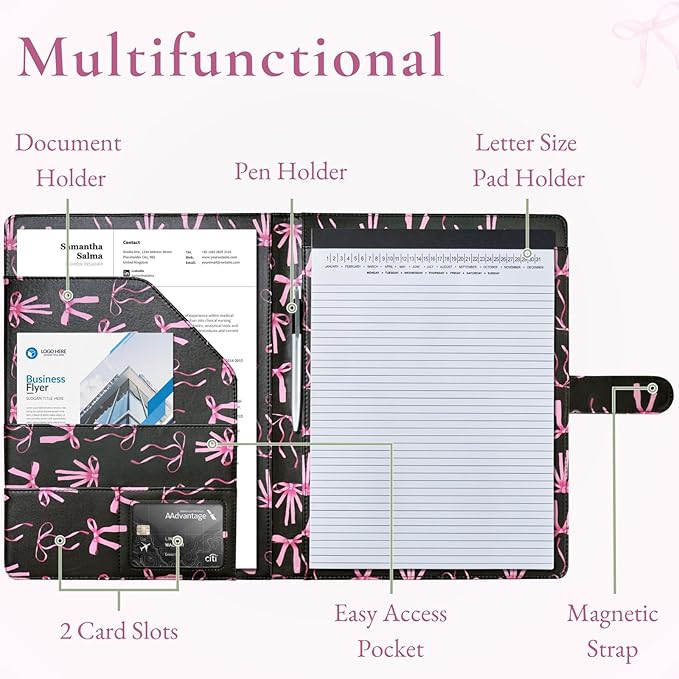 Mymazn Padfolio Portfolio Folder, Faux Leather Interview Resume Folder with Document Organizer & Business Card Holder, Letter-Sized Notepad Legal Pad Holder for Men Women Black Bow