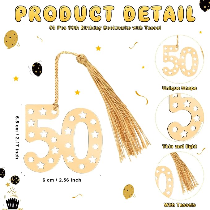 Spakon 50 Set 50th Birthday Party Favor for Guest Anniversary Party Favor Golden Birthday Bookmark Thanks Coming Pen with Tag Appreciation Gifts for Women Men Wedding Anniversary