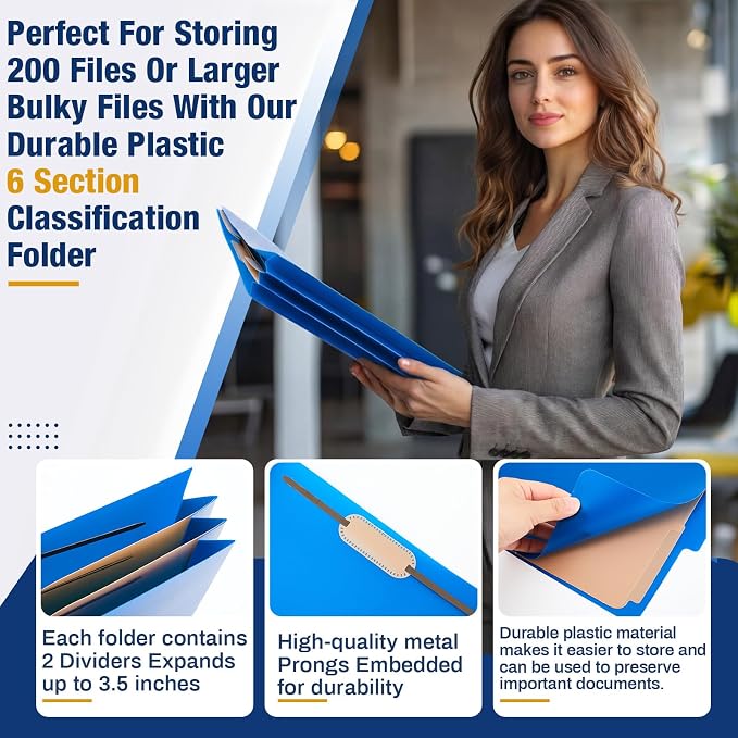 12 Pack Plastic Classification Folders with 2 Dividers & Fasteners, Heavy Duty 3.5” Expansion Letter Size File Folders for Law Client Files, Medical Records & Office Reports(Dark Blue)