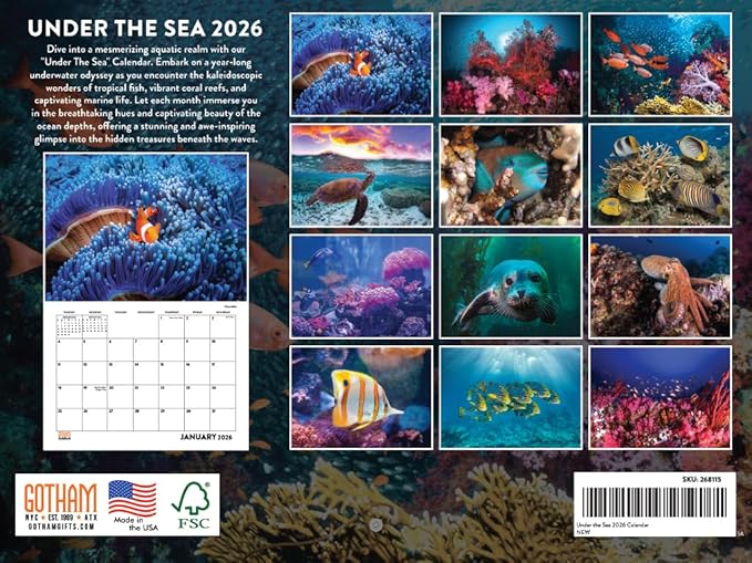 Under the Sea Fish Calendar 2026 Ocean Monthly Wall Calender 12 Month | American Made In The USA