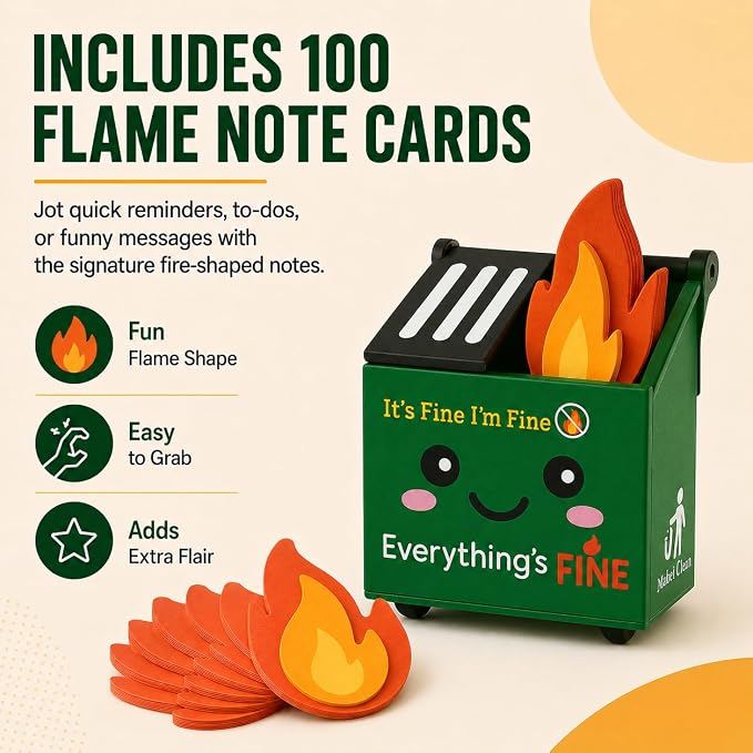 Desk Dumpster Fire Pen Holder – Everything’s Fine Funny Office Desk Decor, Mini Trash Can Pencil Holder Organizer with Flame Note Cards, Stress Relief White Elephant Gag Gift for Coworker