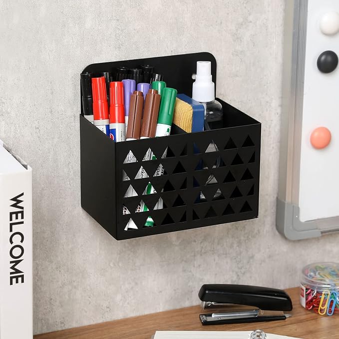 MyGift Dry Erase Marker Holder Wall Mounted with Triangle Cutout Design Modern Black Metal 2 Compartment Office Supplies Storage Bin Organizer, Desktop Pen Pencil Holder