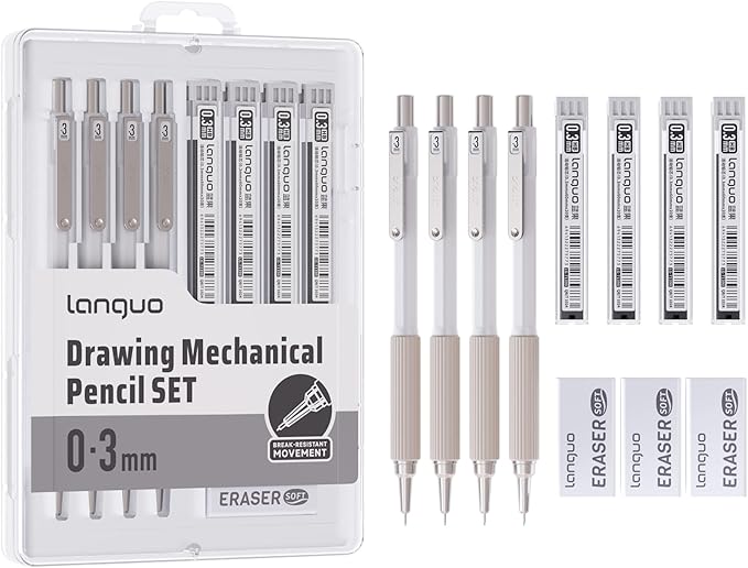 languo 0.3mm Mechanical Pencil Set with Case, 4PCS Drafting Mechanical Pencils Kit – 4 Tubes HB Lead Refills, 3 Erasers, Ideal Pencil Set for Writing & Drawing