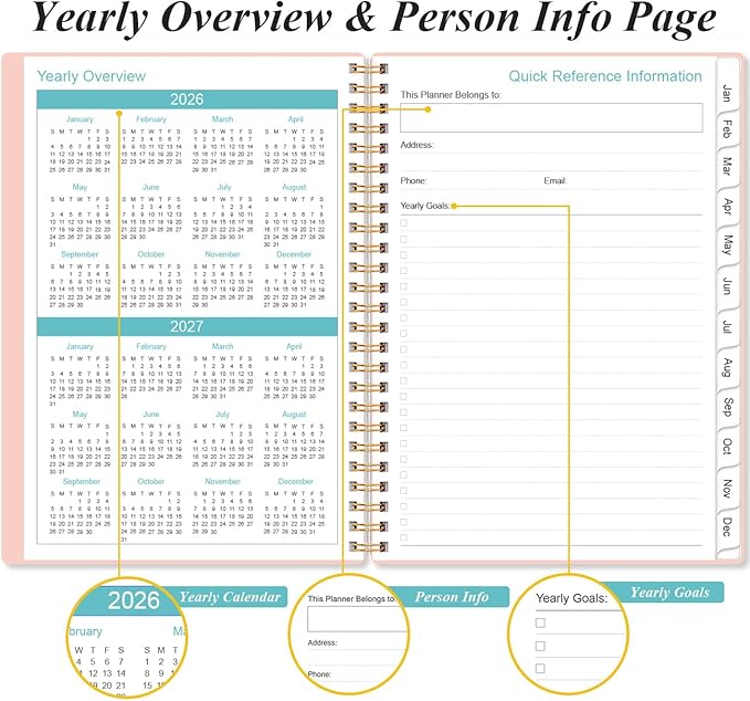 2026 Planner - Weekly and Monthly Calendar Planner from Jan 2026 - Dec 2026, Planner 2026 Spiral Bound with 12 Monthly Tabs, Inner Pocket, Perfect for School Office Supplies, 6.4" x 8.5", Pink