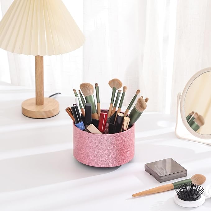 Remote Holder, PU Leather 360 Degree Rotating Desktop Organizer with 4 Compartments, Makeup Brush Holder Organizer for Vanity Desk, Bling Pink PH102