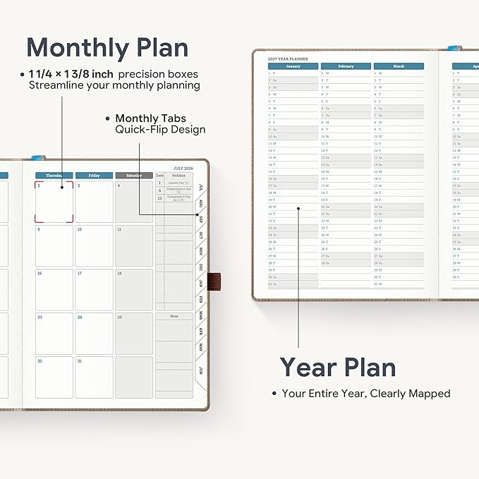 Weekly Planner 2026-2027 A5 (6.5" x 8.5") 12 Months (Jul'26 - Jun'27) Weekly & Monthly Planner with Month Tabs & Inner Pocket, Expenses/Note Pages, PU Leather Brown