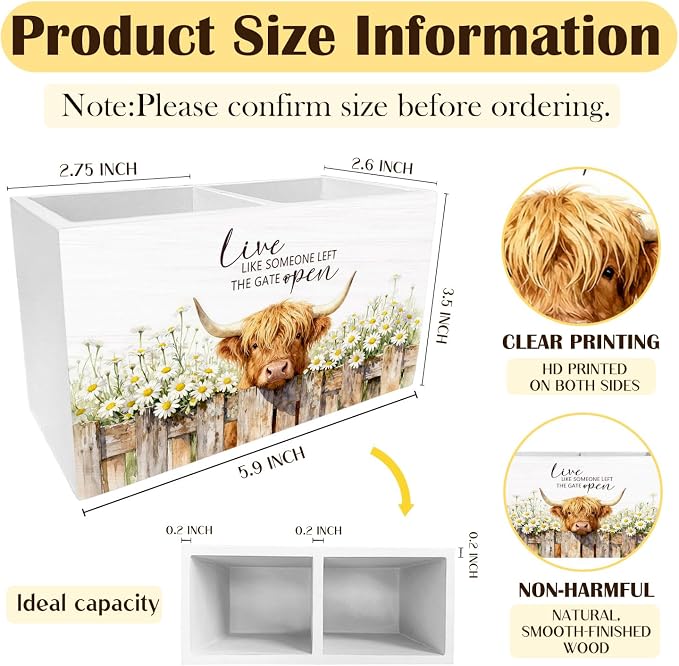 Rustic Daisy Floral Highland Cow Pen Holder for Desk, Highland Cow Gifts Pencil Organizer, Live Like Someone Left the Gate Open Wooden Box Sign Desk Decor for Home Office Decoration