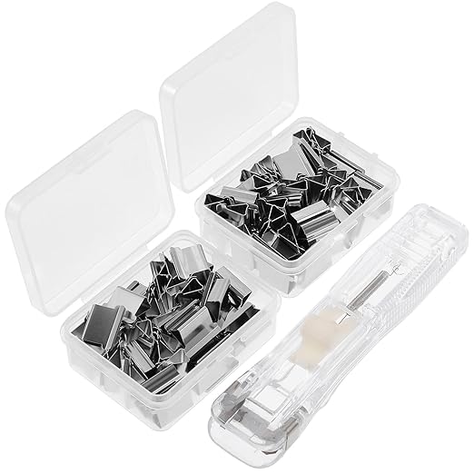 LALAFINA Reusable No-Staple Document Stapler Push Clip Set with 1 Bulk White Binder and 2 Plastic Refill Clips for Office Paper Binding and File Organization
