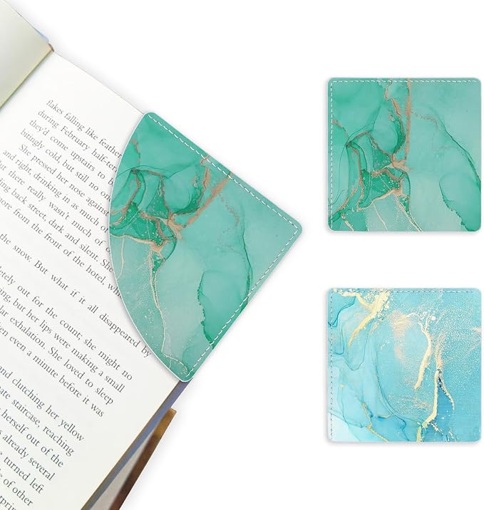 2 Pack Green and Blue Marble Leather Book Corner Bookmark, Durable Handmade Reading Accessories - Gifts for Readers, Women, Men, Teachers, Students