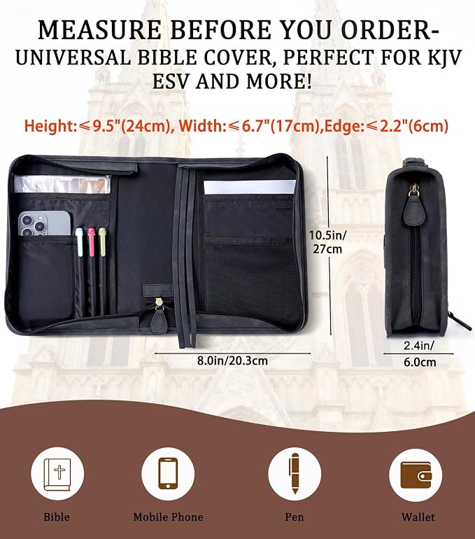 Vegan Leather Bible Cover for Men & Women, Bible Case with Gift Box, Christian Catholic Religious Bible Gifts (Black)
