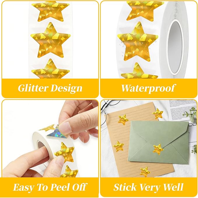 1000 Pcs Holographic Gold Star Stickers, 1 Inch Sparkly Foil Stars for Kids Reward, Self Adhesive Metallic Shiny Labels for Teacher Classroom Supplies, Student Behavior Chart