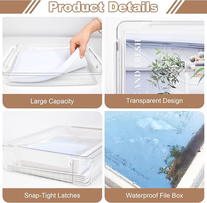 Clear Storage Boxes with Lid - A4 Transparent Paper Storage Organiser with Handle and Portable Project Case Drawer Organizer for Storing Certificates, Photos, Scrapbook, Toys, and Invoices