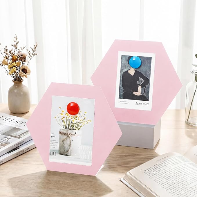 Shimeyao 2 Pcs Magnetic Bulletin Board for Tabletops with 8 Magnets Memo Display Easel Stand for Home Office School Kitchen Table Supplies (Hexagon,Pink,10 x 8.5 Inch)
