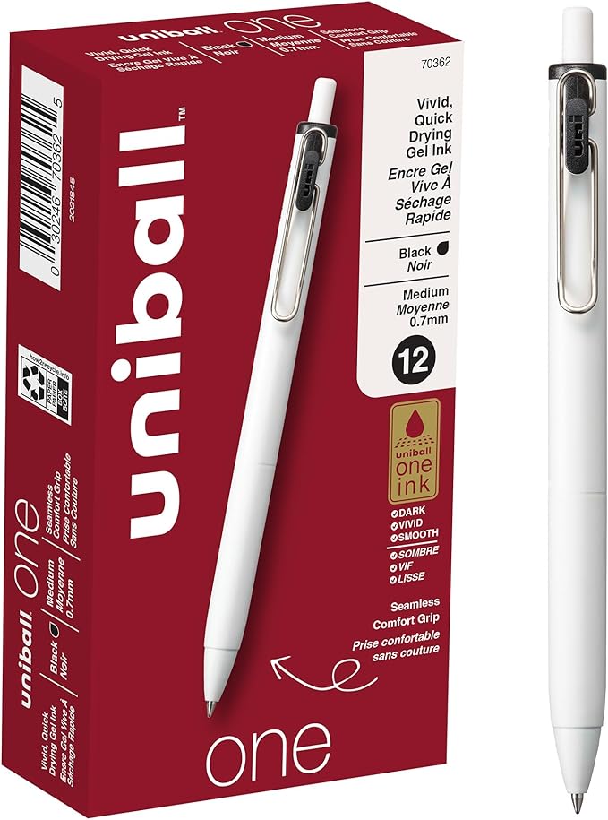 uniball one Retractable Gel Pens, Medium Point (0.7mm), Black Ink, 12 Pack