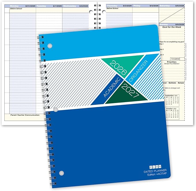 Elan Publishing Company Student Academic Organizer - 8.5" x 11" Weekly View; Dated for 2026-2027 Academic Year (Blue)