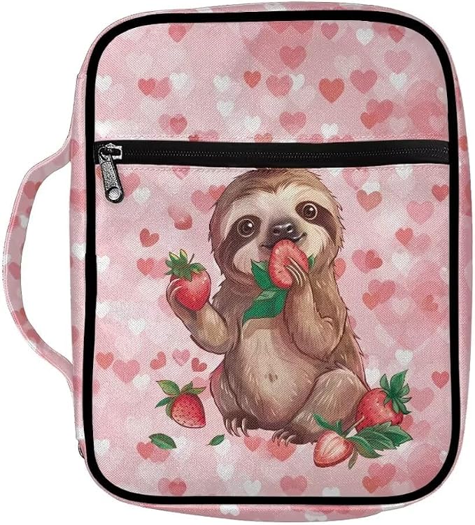 Coldinair Sloth with Strawberry Bible Cover for Women Teens Kid Girls,Carrying Book Case Church Bag Bible Holder with Handle and Zippered Pocket