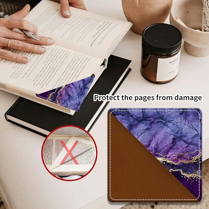 Cute Leather Bookmarks, Fun Triangle Making Corner Bookmark, Book Accessories for Reading Book Lovers, Unbreakable Page Markers for Women Men Luxury Purple Marble