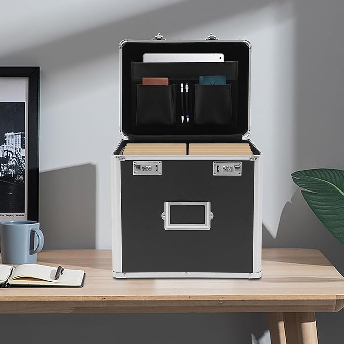 File Organizer Box, L13.8*D10*H13.4in Locking Document Storage Cabinet File Folder with Combination Locks & Handle, Portable Metal Filing Storage Box for Office Travel, Black
