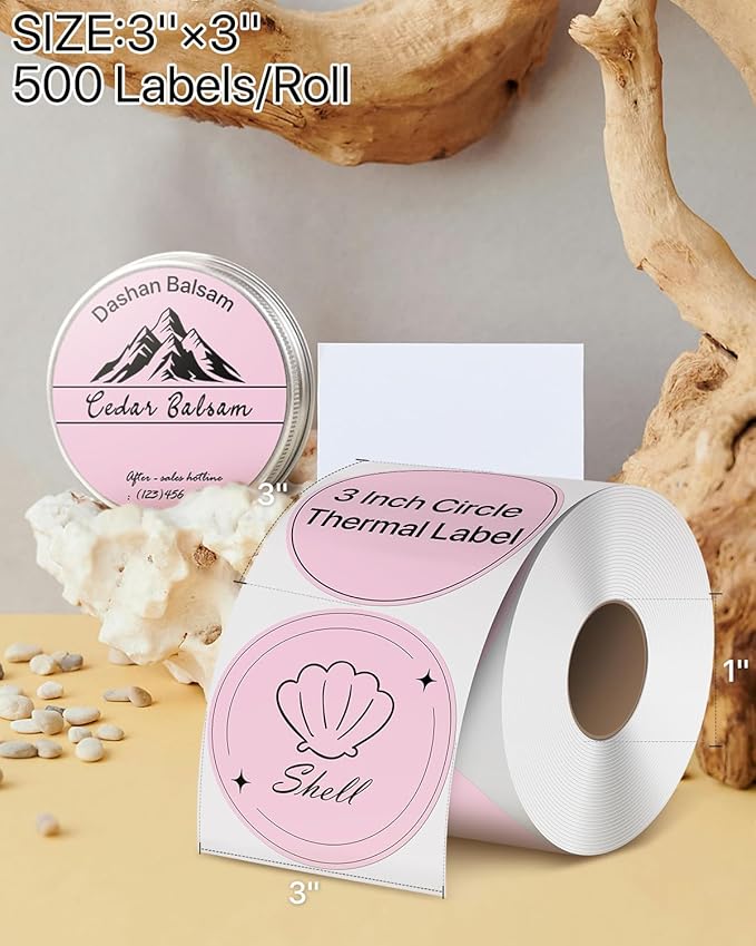 iEager 3 Inch Circle Thermal Sticker Labels, Self-Adhesive Round Direct Thermal Label, Multi-Purpose Roll Thermal Stickers, 500 Labels, Pink
