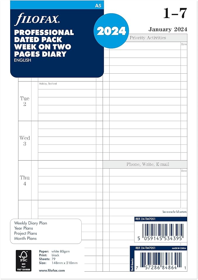 Filofax Calendar Diary Refill, A5 Size, Week-to-View with Appointments, Time Management, White Paper, Ruled, English, 2024 (CTM7051-24)