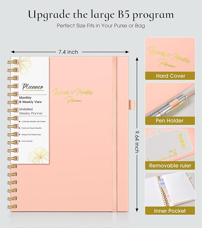 Undated Weekly and Monthly Planner, B5 Large Weekly To Do List Notebook with Goal & Habit Tracker Organizer, Hardcover Spiral Bound Blank Monthly Planners for Work School Home 7.4" x 9.64" Pink
