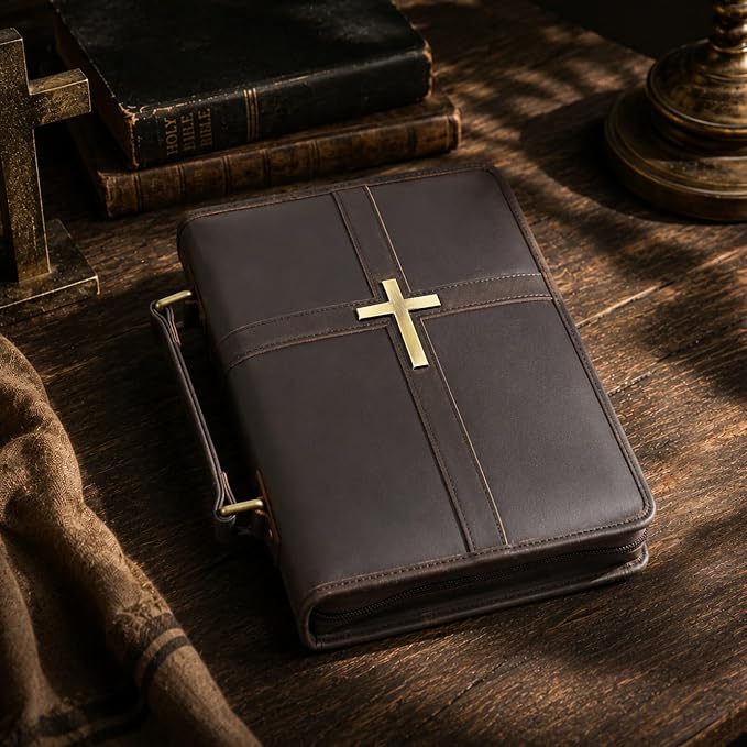 Polare Full Grain Leather Bible Cover with Cross, Christian Bible Carrying Case Organizer for Men & Women, Vintage Church Bible Study Bag with YKK Zipper, Religious Gift (Dark Brown(Metal Cross))