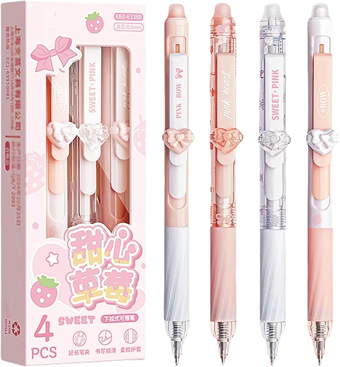 MOZXIRZ 4 Pcs Erasable Gel Pens Cute Pink Retractable Pens Cartoon Heart Erasable Pen 0.5mm Black Ink Kawaii Writing Pen for Women Office School Supplies (Heart-Black Ink)