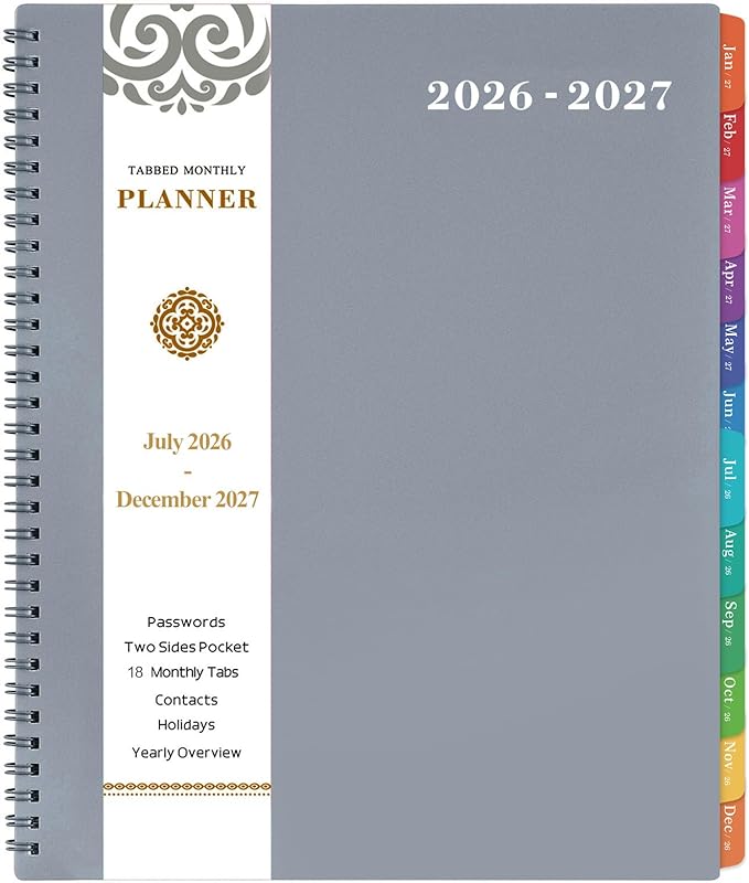 2026-2027 Monthly Planner - Planner 2026-2027, Jul 2026 - Dec 2027, 18-Month, with Tabs & Pocket & Label, Contacts and Passwords, 9" x 11", Thick Paper, Twin-Wire Binding, Gray