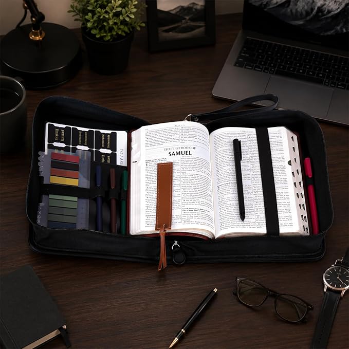 XKDOUS Bible Cover Case Leather Book Carrying Case Large Bible Bag Organizer with Cross, Handle, Pens, Tabs, Study Supplies Journaling Kit Christian Gifts Father Day for Dad, Men, Women, Lady