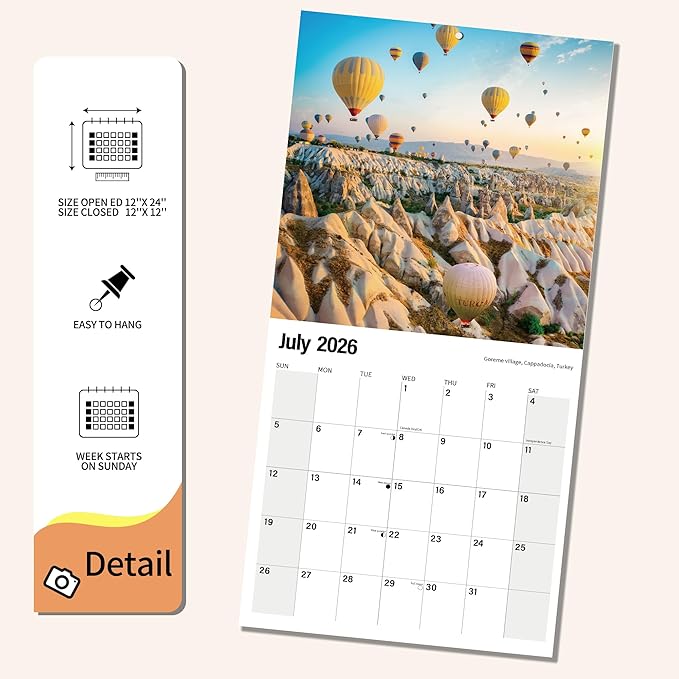 Wall Calendar 2025-2026 Planner Calendar - Exotic Destination Hangable Monthly Wall Calendar with Large Blocks for Organizing & Planning, Academic Schedule, Home, Office & family, Thick & Sturdy Paper (12"x24" Open)